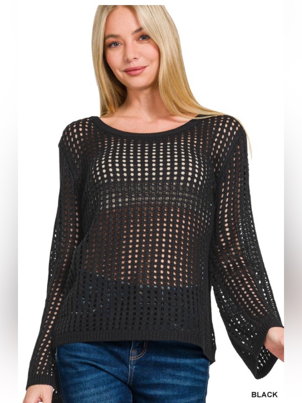 Zenana Black Open Knit Crochet Bell Sleeve Top